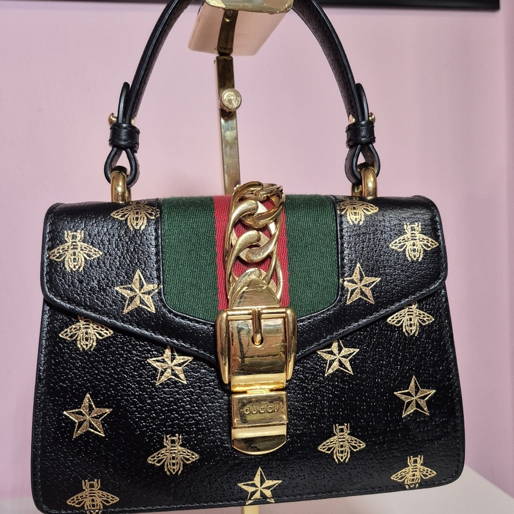 Gucci Textured Calfskin Bee Star Print Mini Sylvie Top Handle Bag Black